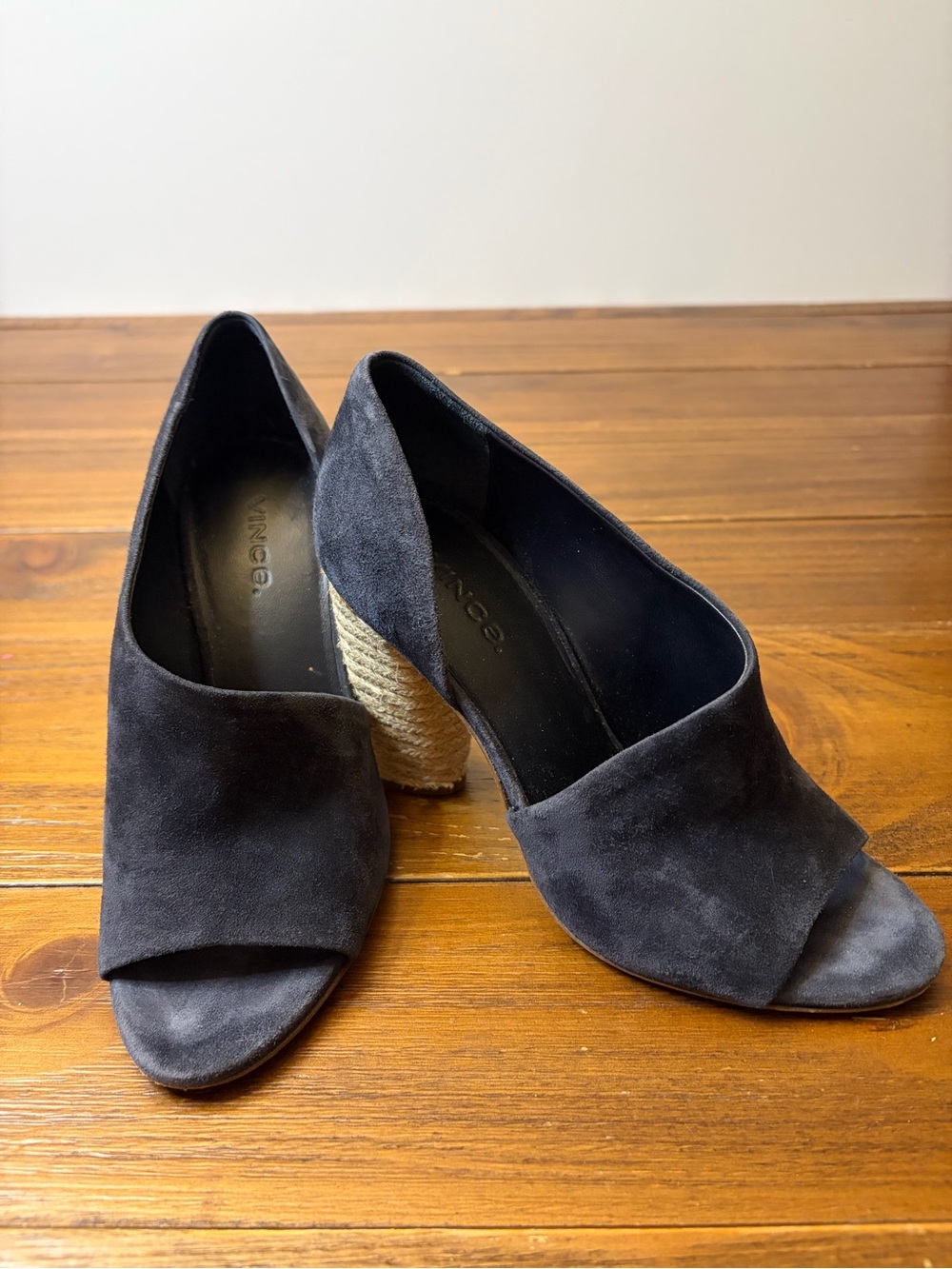 Vince Navy Suede Peep Toe Espadrille Block Heels 5"